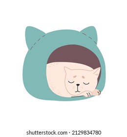 White tired kitten sleeps in a pet bed. A sleepy charming cat lies in a turquoise house with ears. Cute funny animal drawn in a flat style. Color vector illustration isolated on white background.