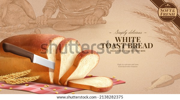 White toast\
bread ad. 3D Illustration of a realistic loaf of white bread sliced\
with a bread knife on plaid red gingham tablecloth on engraved\
background of bread making\
scene
