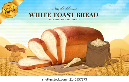White toast bread ad. Illustration of a loaf of 3D white bread made of wheat flour on an engraved wheat field background