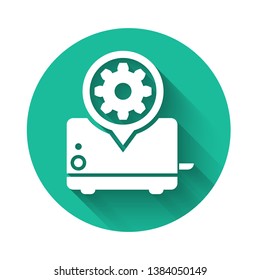 White Toaster and gear icon isolated with long shadow. Adjusting app, service concept, setting options, maintenance, repair, fixing. Green circle button. Vector Illustration