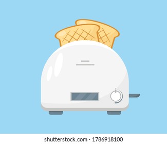 White toaster with pieces of bread ready to eat. Household appliance icon on blue background. Vector illustration.