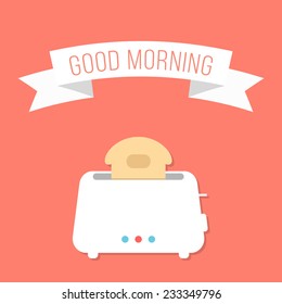 white toaster with ribbon and good morning inscription. isolated on stylish orange background. flat style design modern vector illustration