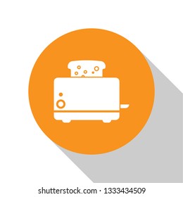 White Toaster with toasts icon isolated on white background. Orange circle button. Flat design. Vector Illustration