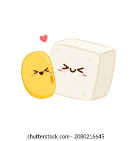 White Tofu and Soybean cute cartoon. Tofu cartoon style isolated on white background. Vegetarian nutrition, healthy food.