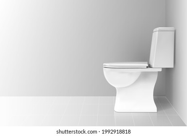 White toilet bowl in bathroom. Ceramic toilet side view.