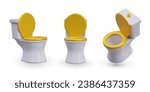 White toilet with gold seat, raised lid. Luxurious modern sanitary ware. Set of color illustrations. Vector object in different positions. 3D image with reflections and shadows