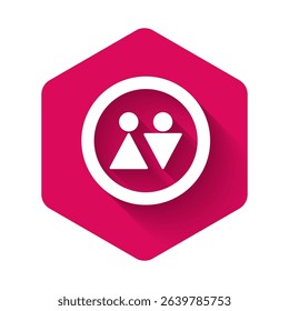 White Toilet icon isolated with long shadow background. WC sign. Washroom. Pink hexagon button. Vector