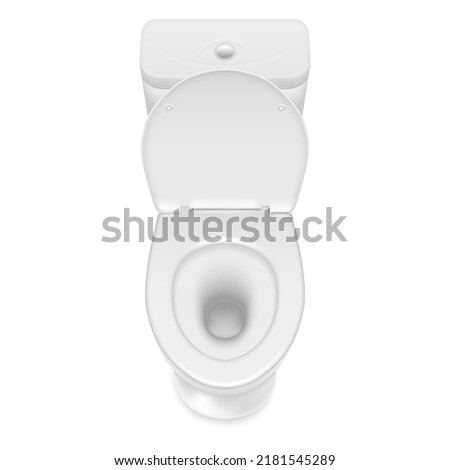 White toilet with open cap top view realistic vector illustration. Ceramic bathroom bowl privacy hygiene sanitary ware restroom urinal seat. Lavatory indoor furniture clean disinfection. Public WC
