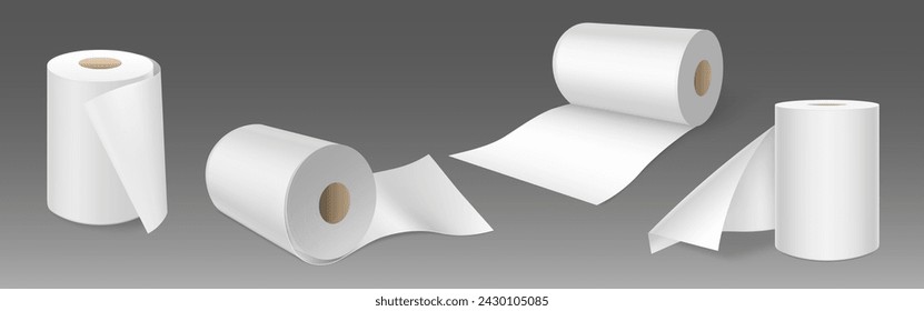 Papel higiénico blanco o papel higiénico enrollar maqueta. Conjunto de vector realista de toalla de cocina con tubo de cilindro de carrete de cartón de pie y acostado aislado sobre fondo gris. Rollo de servilleta en blanco.