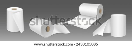 White toilet paper or hygiene tissue roll mock up. Realistic vector set of kitchen towel with carton spool cylinder tube standing and lying isolated on grey background. Blank lavatory napkin scroll.