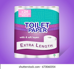 White toilet paper pack design isolated on purple background. Paper roll package with soft layers. Easy style pastel shades. Easy to place your logo or text. Can be used on web, flyers, banners, pack.