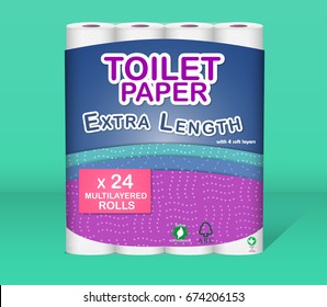 White toilet paper pack design isolated on purple background. Paper roll package with soft layers. Easy style pastel shades. Easy to place your logo or text. Can be used on web, flyers, banners, pack.