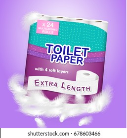 White toilet paper pack design with feathers isolated on purple background. Paper roll package. Easy style pastel shades. Easy to place your logo or text. Can be used on web, flyers, banners, pack.
