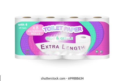 White toilet paper pack design isolated on white background. Paper roll package with soft layers. Easy style pastel shades. Feathers and soft pores. Can be used on web, flyers, banners, pack.a