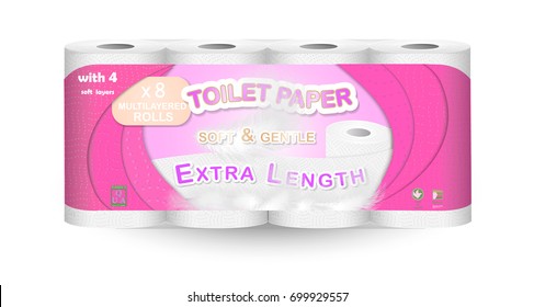 White toilet paper pack design isolated on white background. Paper roll package with soft layers. Easy style pastel shades. Feathers and soft pores. Can be used on web, flyers, banners, pack.