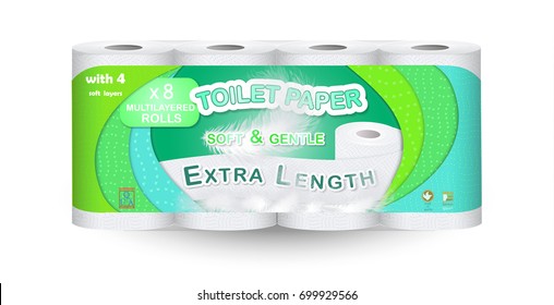 White toilet paper pack design isolated on white background. Paper roll package with soft layers. Easy style pastel shades. Feathers and soft pores. Can be used on web, flyers, banners, pack.