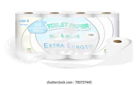 White toilet paper pack design isolated on white background. Paper roll package with soft layers. Easy style pastel shades. Feathers and soft pores. Can be used on web, flyers, banners, pack.