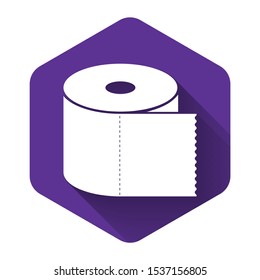 White Toilet paper roll icon isolated with long shadow. Purple hexagon button. Vector Illustration