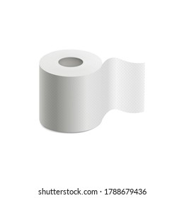 White toilet paper roll with realistic texture isolated on white background - bathroom hygiene tissue standing with curved napkin sheet. Vector illustration.