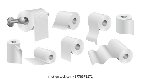 White toilet paper rolls. Realistic papers, isolated sanitary kitchen towels. Soft hygiene vector set