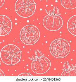 White tomatoes on pink background seamless pattern. Model vegetables hand engraved. Template sketch healthy organic food for packaging and design vector illustration
