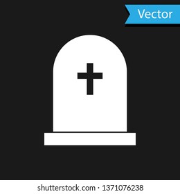 White Tombstone with cross icon isolated on black background. Grave icon. Vector Illustration