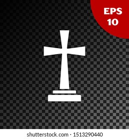 White Tombstone with cross icon isolated on transparent dark background. Grave icon.  Vector Illustration