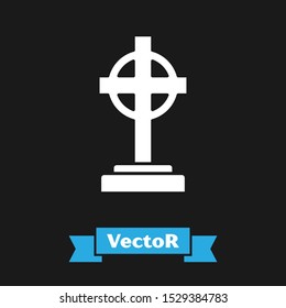White Tombstone with cross icon isolated on black background. Grave icon.  Vector Illustration