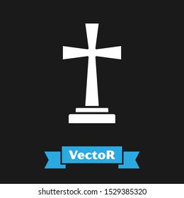 White Tombstone with cross icon isolated on black background. Grave icon.  Vector Illustration