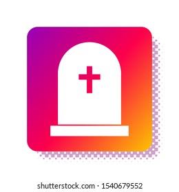White Tombstone with cross icon isolated on white background. Grave icon. Square color button. Vector Illustration
