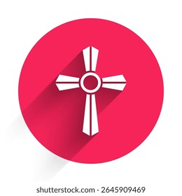 White Tombstone with cross icon isolated with long shadow. Grave icon. Red circle button. Vector