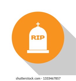 White Tombstone with RIP written on it icon isolated on white background. Grave icon. Orange circle button. Flat design. Vector Illustration