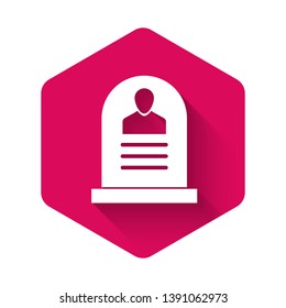 White Tombstone with RIP written on it icon isolated with long shadow. Grave icon. Pink hexagon button. Vector Illustration