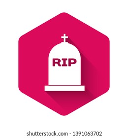 White Tombstone with RIP written on it icon isolated with long shadow. Grave icon. Pink hexagon button. Vector Illustration