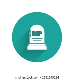 White Tombstone with RIP written on it icon isolated with long shadow. Grave icon. Green circle button. Vector Illustration