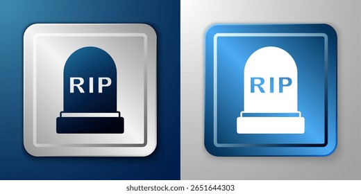 Tombstone branco com RIP escrito em seu ícone isolado no fundo azul e cinza. Ícone Grave. Feliz festa de Halloween. Botão quadrado prata e azul. Vetor