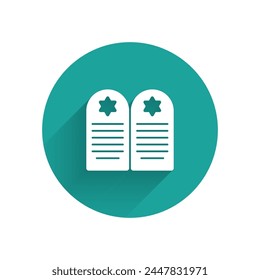 White Tombstone with star of david icon isolated with long shadow. Jewish grave stone. Gravestone icon. Green circle button. Vector