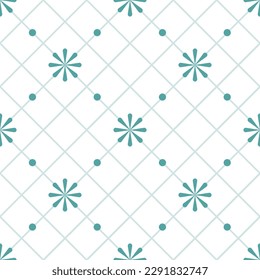 White tone background, green lines diagonal strips. Decorated with pastel green flowers and small green circles, it is a seamless pattern that is beautiful, cute and warm.