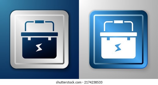 White Toolbox electrician icon isolated on blue and grey background. Silver and blue square button. Vector