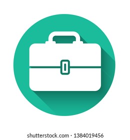 White Toolbox icon isolated with long shadow. Tool box sign. Green circle button. Vector Illustration