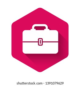 White Toolbox icon isolated with long shadow. Tool box sign. Pink hexagon button. Vector Illustration