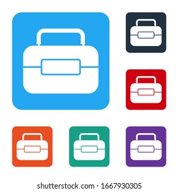 Weiße Toolbox-Symbol einzeln auf weißem Hintergrund. Werkzeugkasten-Zeichen. Die Symbole werden in den Tasten für das Farbquadrat eingestellt. Vektorillustration-Illustration
