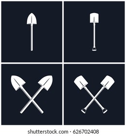 White Tools for Excavation Isolated on Black Background, Digging and Pick Up Shovels, Two Crossed Shovels, Black and White Vector Illustration 