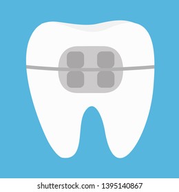 White tooth braces icon. Cute cartoon funny icon. Brace teeth. Oral dental hygiene. Children teeth care. Flat design. Blue background. Vector illustration