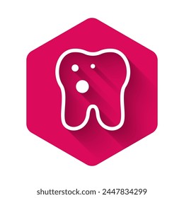 White Tooth with caries icon isolated with long shadow. Tooth decay. Pink hexagon button. Vector