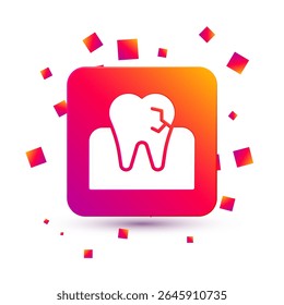 Diente blanco con el icono de caries aislado en el fondo blanco. Caries dental. Botón de color cuadrado. Vector