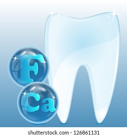 white tooth with chemical elements in blue spheres