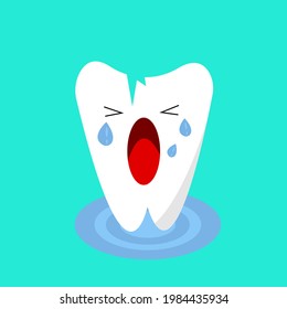 White tooth with crack cartoon character crying in pain while standing in a puddle