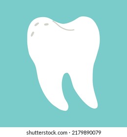 White tooth with crooked roots. Isolated clipart in doodle, cartoon, flat style on blue background