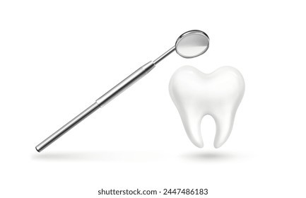 White tooth and dentist tool. Realistic 3d vector illustration of healthy clear molar with doctor mirror for dentistry and orthodontics concept. Oral care and health with denture and appliances.